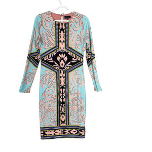 Hale Bob Women's Long Sleeve Light Blue with Pink and Black Dress